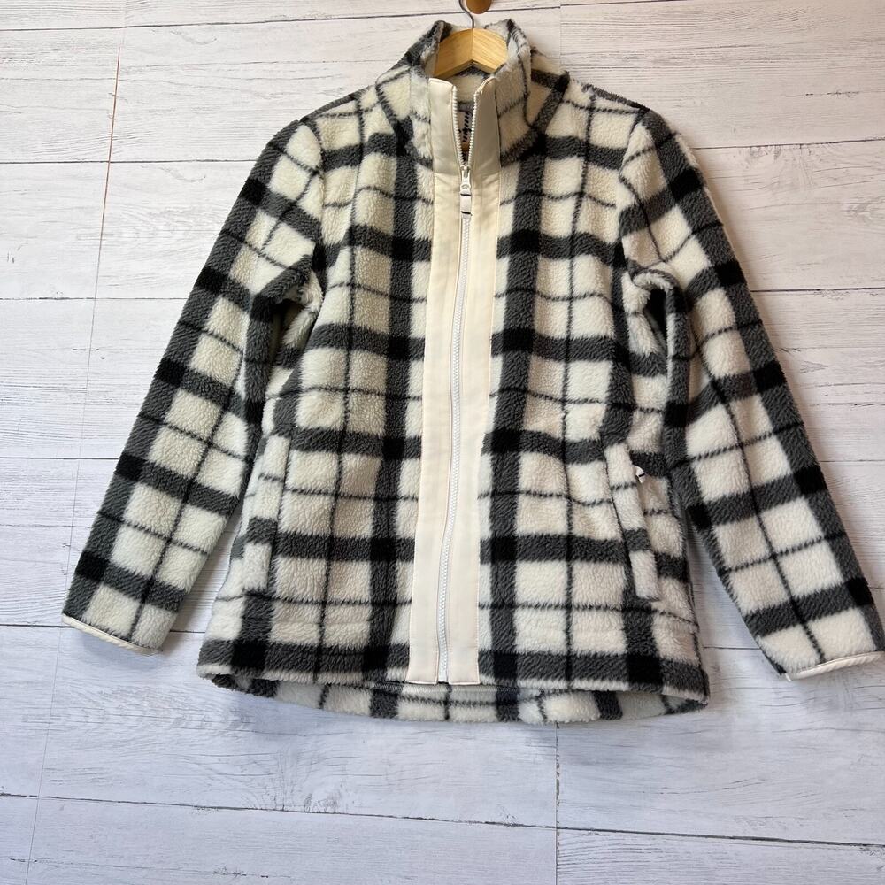 T by Talbots Jacket Womens SZ MP Black and White Merry Plaid Cozy Sherpa Outdoor